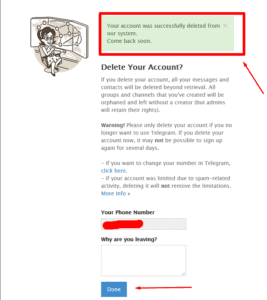 تعطل حساب تيليجرام